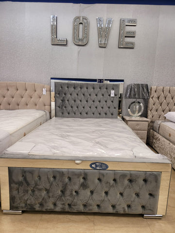 Meena Grey Plush Velvet Mirror Bed Frame