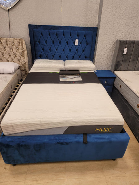 Lumia Blue Plush Velvet Ottoman Storage bed Frame