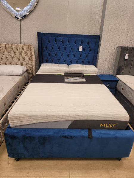 Lumia Blue Plush Velvet Ottoman Storage bed Frame