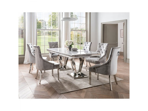 ALESSANDRO GREY MARBLE DINING TABLE 180CM DINING TABLE WITH 6 GREY CHAIRS