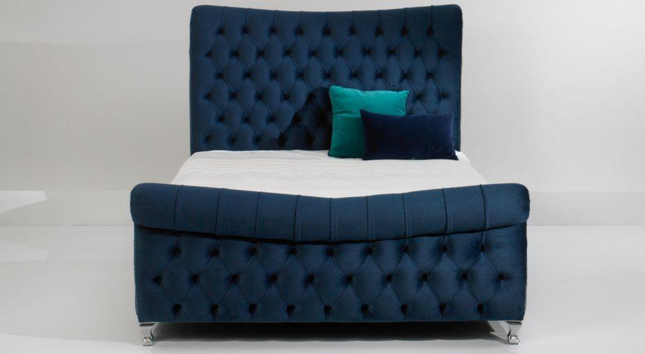 MONA SLEIGH PLUSH CURVED BLUE BED FRAME