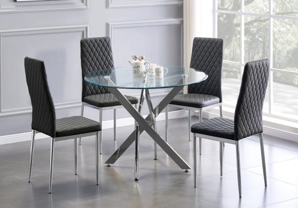 Chrome Metal And Glass 100cm Round Dining Table And 4 Milan Dining Chairs Set