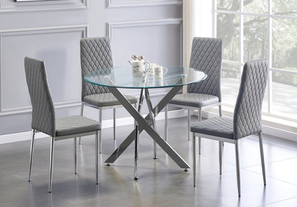 Chrome Metal And Glass 100cm Round Dining Table And 4 Milan Dining Chairs Set