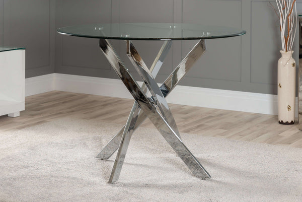 Chrome Metal And Glass 100cm Round Dining Table And 4 Milan Dining Chairs Set