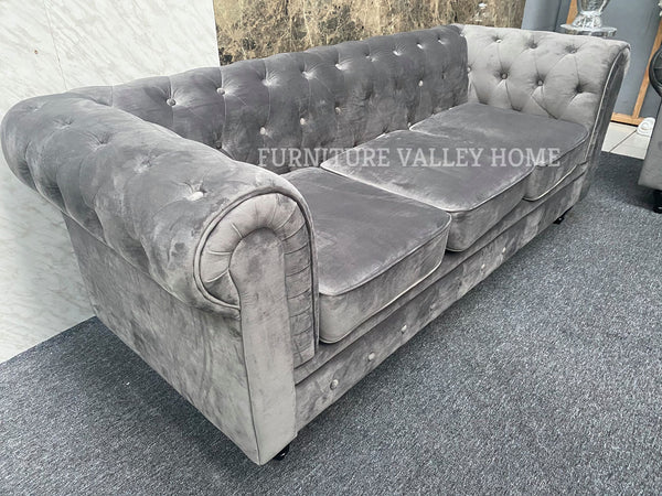 ALEENA GREY VELVET FABRIC 3 + 2 SEATER SOFA CHESTERFIELD