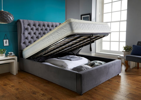 Grey Plush Velvet  Upholstered  Storage Ottoman Bed Frame