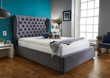 GREY PLUSH VELVET UPHOLSTERED STORAGE OTTOMAN BED FRAME