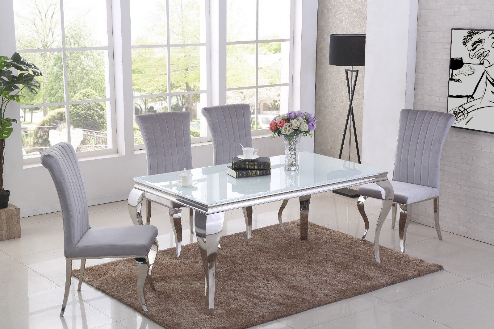 Louis White Glass Chrome Dining Table + Louis Velvet Chairs