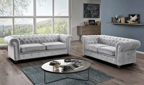 Brand New Silver Chesterfield Fabric 3 +2 Seater SOFA