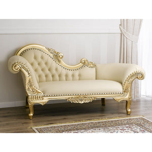 Chaise longue Joana French Baroque Sofa Day Bed Style Gold Leaf Faux Leather Champagne Buttons Crystal Fabric sofa