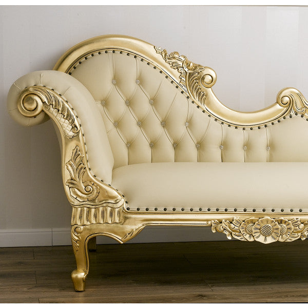 Chaise longue Joana French Baroque Sofa Day Bed Style Gold Leaf Faux Leather Champagne Buttons Crystal Fabric sofa