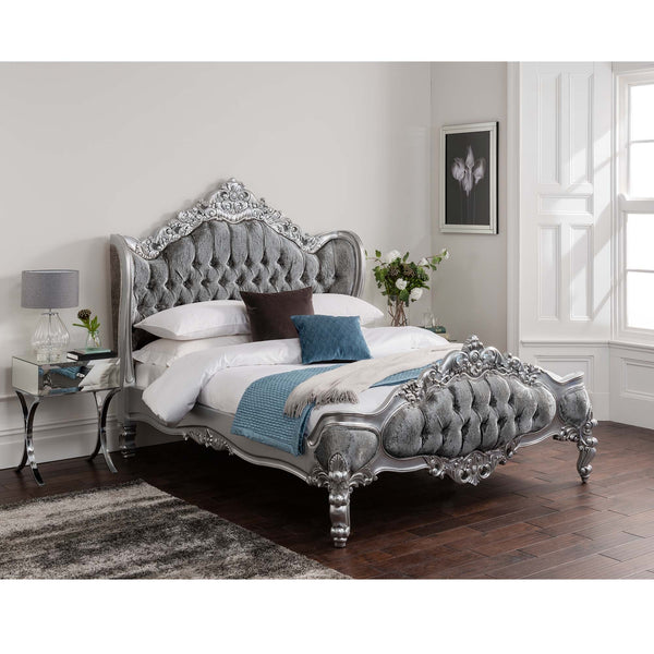 Silver Antique French Style Crushed Velvet Bed Frame