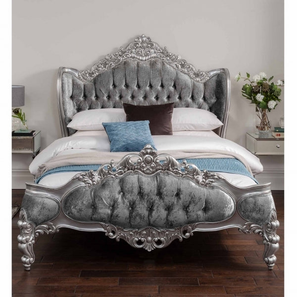 Silver Antique French Style Crushed Velvet Bed Frame